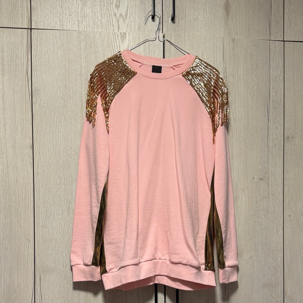 Pinko Women’s Pink Crewneck with Gold Shoulder Accents